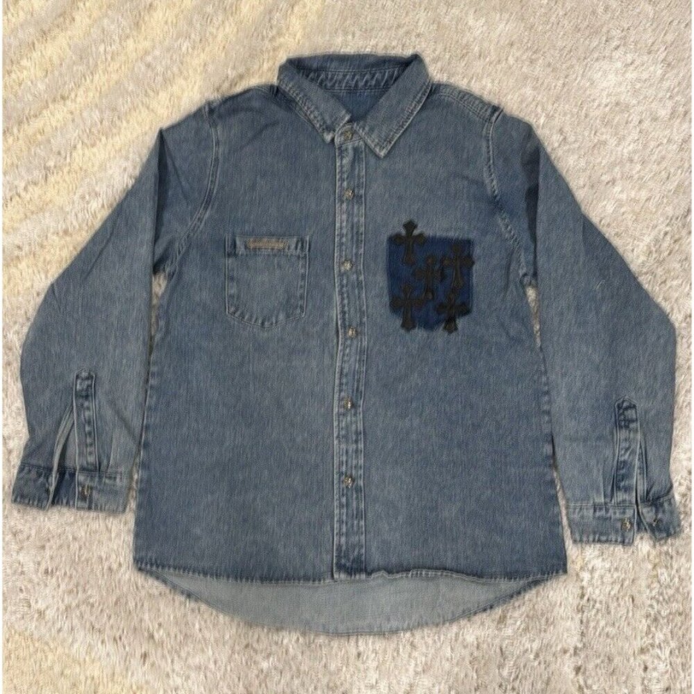 Chrome Hearts 3 Cross Patch Pocket Blue Denim Jean Jacket Men’s Size Large